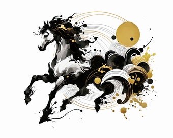 Chinese New Year Zodiac Horse Art -  Digital Download Print - Contemporary black and gold Rat in a fluid ink wash style