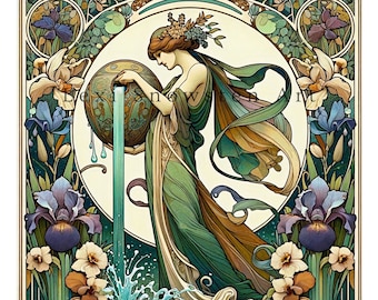 Zodiac Aquarius Art, Digital file for Download -  Vintage poster in an Alphonse Mucha Art Nouveau Style, gift for horoscope lovers