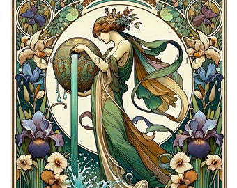 Zodiac Aquarius Art, Digital file for Download -  Vintage poster in an Alphonse Mucha Art Nouveau Style, gift for horoscope lovers