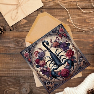 Skorpion Grußkarte, Jugendstil Inspiriert von Alphonse Mucha - Grußkarte innen leer, Geschenk für Astrologie-Fan