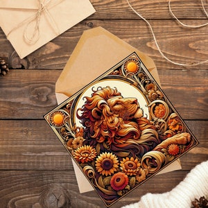 Löwe Grußkarte, Jugendstil Inspiriert von Alphonse Mucha - Grußkarte innen leer, Geschenk für Astrologie-Fan