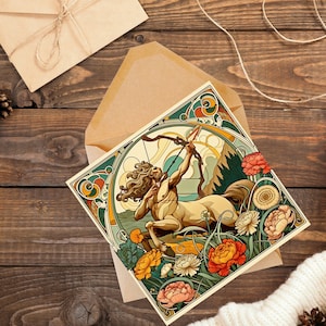 Wenskaart Boogschutter, art-nouveaustijl geïnspireerd door Alphonse Mucha - wenskaart met blanco binnenkant, cadeau voor astrologiefan