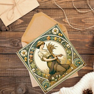 Jungfrau Grußkarte, Jugendstil Inspiriert von Alphonse Mucha - Grußkarte innen leer, Geschenk für Astrologie-Fan