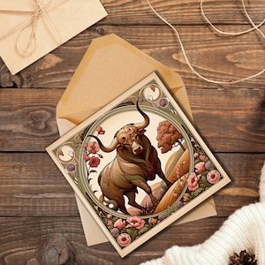 Stier Grußkarte, Jugendstil Inspiriert von Alphonse Mucha - Grußkarte innen leer, Geschenk für Astrologie-Fan