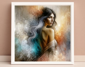 Persephone, digitale kunstafdruk - Griekse godin van de lente en koningin van de onderwereld in een impressionistische abstracte stijl, bohokunst aan de muur