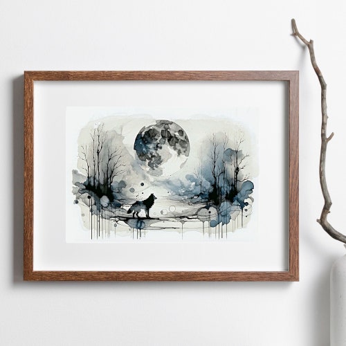 Peinture pleine lune - impression giclée d'art - art abstrait de style aquarelle de la lune de loup de janvier sur un paysage d'hiver
