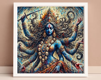 May include: A colorful painting of a Hindu goddess with multiple arms, wearing a crown and jewelry. She holds a sword in one hand and has a fierce expression on her face.