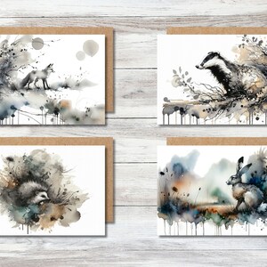 Abstracte op aquarel geïnspireerde wenskaarten: kunstkaarten, blanco binnenkant, mix en match 4 of 8. Wenskaarten voor natuurliefhebbers