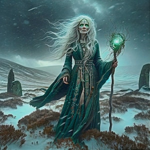 May include: A woman with long white hair and a green robe stands in a snowy landscape. She holds a staff with a glowing orb at the top. The staff is made of wood and has a twisted branch at the top. The woman's robe is decorated with intricate embroidery. The background is a snowy landscape with large stones.