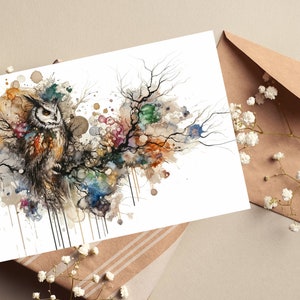 Eule Grußkarte, Abstraktes Aquarell Britische Wildtiere inspiriert- Kunstkarte innen leer, Geschenk für Naturliebhaber