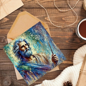 Tarjeta de felicitación de Quirón, el sabio centauro griego. Arte abstracto impresionista. Interior en blanco. Perfecta para el Día del Padre o cumpleaños.