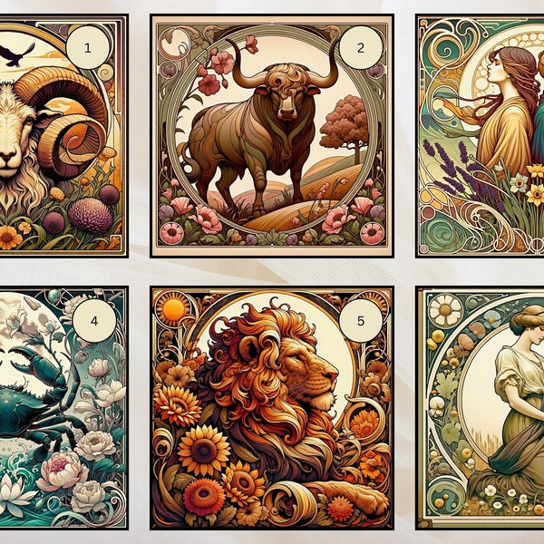 Art Nouveau Zodiac Birthday Cards Inspired by Alphonse Mucha - Set of 12 or Individual  Cards. Greeting Card or Gift for Astrology Fan