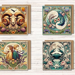 Jugendstil Sternzeichen Grußkarten Inspiriert von Alphonse Mucha