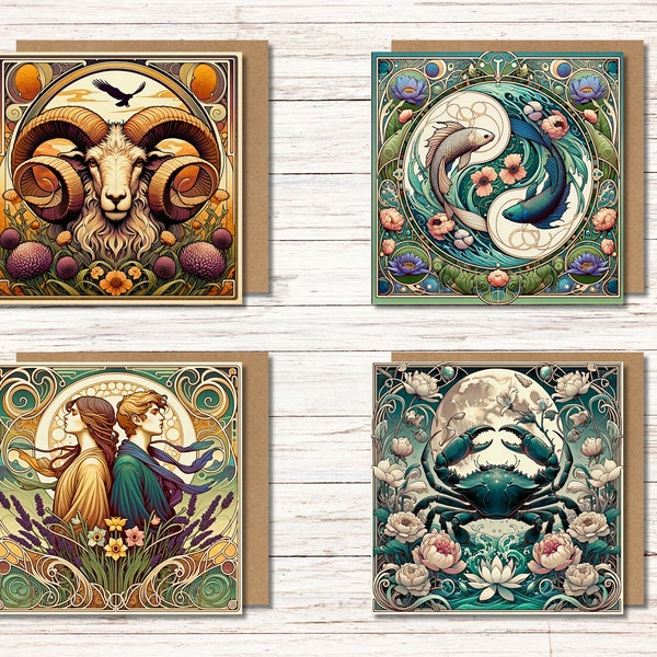 Art Nouveau Zodiac Greeting Cards Inspired by Alphonse Mucha -  Mix and Match 4, 6 or 12. Blank Greeting Card for Astrology Lovers