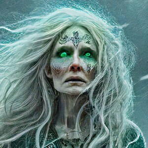 Puede incluir: Una mujer con el pelo largo y blanco y la cara p&aacute;lida. Sus ojos brillan de color verde. Lleva una prenda verde oscura.