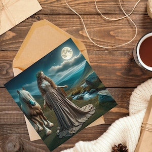 Rhiannon, déesse celtique galloise des chevaux - carte de voeux artistique vierge, mythologie païenne, idéale pour les sorcières et les païens