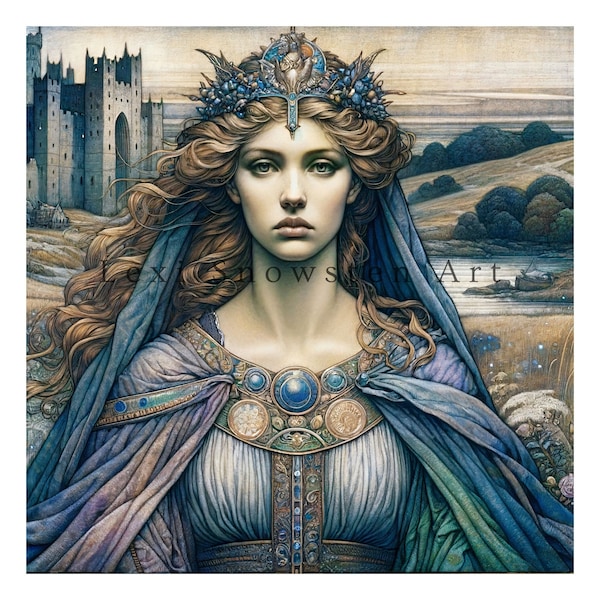 Branwen, Mythical Welsh Goddess: Digital Download, Goddess from Celtic Folklore, Art Nouveau Style Wall Art, Vintage Illustration