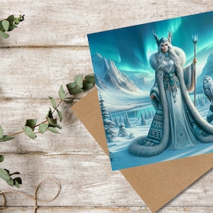 Tarjeta de felicitación Skadi, Diosa nórdica del invierno y la caza - Tarjeta de felicitación en blanco en el interior, Regalo para los fanáticos de la mitología nórdica