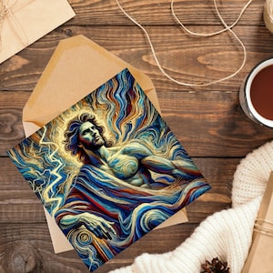 Biglietto d'auguri con Zeus, dio greco del cielo e del tuono, arte astratta impressionista, interno vuoto, perfetto per la festa del papà o i compleanni