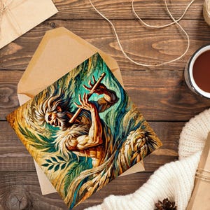 Tarjeta de felicitación del dios griego de la naturaleza, arte abstracto impresionista, interior en blanco, perfecta para el Día del Padre o cumpleaños