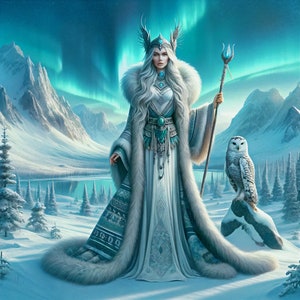Skadi, Norse Goddess of Winter and Hunting, Digital Art Print, Wall Decor, Snowy Landscape Illustration