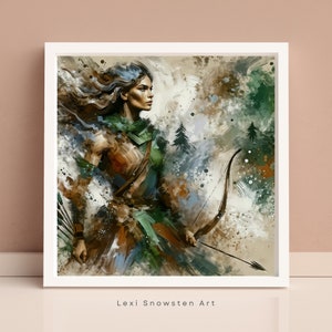 Artemis, Digitale Kunstdruck - Griechische Göttin der Jagd und der Wildnis in einem impressionistischen abstrakten Stil, Wanddekoration, Boho Wandkunst
