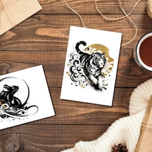 Leeres Tierkarten-Set von 12 - Elegante Schwarz-, Weiß- & Gold-Grußkarte mit dem Mondjahr-Neujahr Sternzeichen-Tieren
