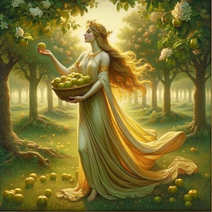 Idunn, Göttin der Jugend und Unsterblichkeit, nordische Mythologie Kunst, digitaler Download, Wandkunst, verzauberter Obstgarten Illustration