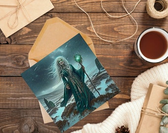 A Cailleach, Bruxa Celta do Inverno - Cartão de felicitações artístico em branco, mitologia pagã, ideal para bruxas e pagãos.