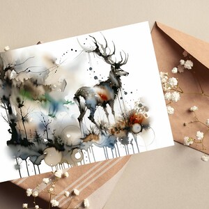 Biglietto di auguri con cervo, acquerello astratto ispirato alla fauna selvatica britannica - biglietto d'arte vuoto all'interno, regalo per gli amanti della natura