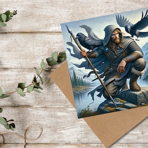 Odin Grußkarte, nordischer Gott der Weisheit mit Huginn und Muninn - Grußkarte innen leer, Geschenk für nordischen Mythologie Fan