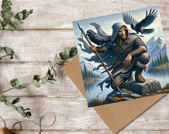 Carte de voeux Odin, dieu nordique de la sagesse avec Huginn et Muninn - Carte de voeux vierge à l'intérieur, cadeau pour fan de mythologie nordique