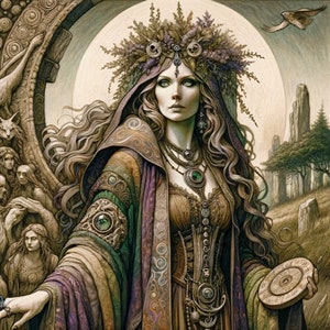 May include: A woman with long brown hair wears a green, purple, and brown robe with intricate details. She has a crown of flowers and leaves on her head and a necklace with a large green gemstone pendant. She holds a circular, carved object in her hand.