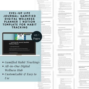 Puede incluir: Un planificador de bienestar digital que se muestra en la pantalla de una computadora portátil, con el texto "EVEL-UP LIFE JOURNAL" y "Gamified Digital Wellness Planner". La imagen también muestra una pila de 125+ páginas y viñetas.