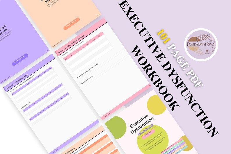 Peut inclure: Un cahier d'exercices num&eacute;rique intitul&eacute; "Executive Dysfunction Workbook" avec un fond violet clair. Les pages du cahier sont blanches avec des accents roses, oranges et violets. La couverture pr&eacute;sente un cercle vert et le texte "101 Page PDF".