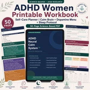 May include: A 50-page printable ADHD workbook for self-care, featuring a digital tablet display of the ADHD Neural Calm System. The bundle includes a daily check-in, executive function profile, rejection sensitivity log, and sleep protocols.