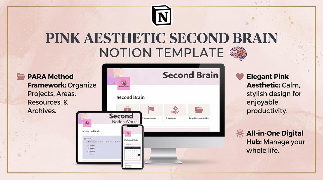 Notion Life Planner Pink | Second Brain Template | ADHD Dashboard ...