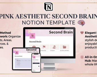 Notion Second Brain Template Pink | ADHD Life Planner Dashboard | Aesthetic Digital Organiser | PARA Method | That Girl Notion | Feminine