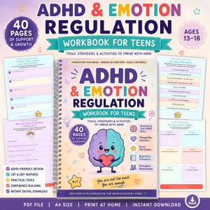 ADHD Workbook for Teens | Emotion Regulation Printable — Self Esteem, Coping Skills & Focus Journal | 40-Page PDF Ages 13-18