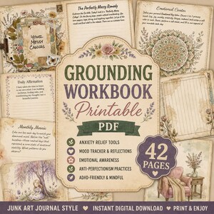 Grounding Workbook Printable | Anxiety Relief PDF Junk Art Journal | Mood Tracker, Emotional Awareness, Anti-Perfectionism, ADHD