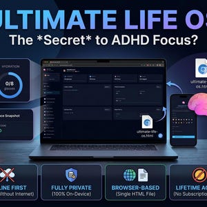 Peut inclure: Image promotionnelle pour le logiciel "ULTIMATE LIFE OS", conçu pour aider à la concentration des personnes atteintes de TDAH. L'image présente un ordinateur portable affichant l'interface du logiciel, un smartphone et un cerveau rose. Le texte met en évidence des fonctionnalités.