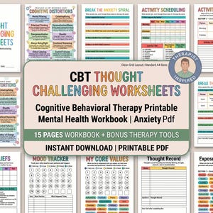 CBT Thought Challenging Worksheets | Cognitive Behavioral Therapy Printable | Mental Health Workbook | Anxiety & Depression Journal Pdf
