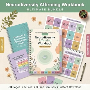 Puede incluir: Un paquete de cuaderno de ejercicios Neurodiversity Affirming que incluye un manual de espiral, una guía para terapeutas, una guía de bolsillo de referencia rápida y hojas de 36 tarjetas de afirmación en tonos pastel con flores.