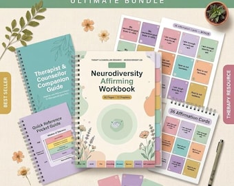 May include: A Neurodiversity Affirming Workbook bundle featuring a spiral-bound workbook, a Therapist & Counsellor Companion Guide, a Quick Reference Pocket Guide, and sheets of 36 affirmation cards in pastel colors with floral illustrations.