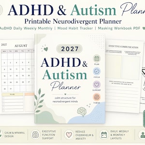 Peut inclure: Un planificateur 2027 ADHD & Autism en format PDF imprimable de 105 pages. La couverture affiche le titre, une icône de cerveau et des illustrations de plantes. Les pages intérieures incluent un calendrier d'août, une fiche d'objectifs SMART, un guide de communication et un exercice de respiration en étoile. Le design utilise une palette de couleurs douces avec des icônes pour la planification, la concentration et le soutien.