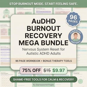 Könnte beinhalten: Ein digitales Arbeitsbuch-Bundle mit dem Titel "AuDHD Burnout Recovery Mega Bundle" mit 96 Seiten. Das Cover zeigt den Text: "Nervous System Reset for Autistic ADHD Adults" und "Shame-Free Tools for Calm & Recovery".