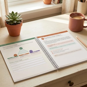 Peut inclure: Un cahier à spirales ouvert avec les titres "Le Triangle Cognitif" et "Magnification & Minimisation" est posé sur une surface en bois de couleur claire. Une tasse en terre cuite avec du café et un crayon sont à proximité. Une petite plante succulente en pot est également visible.