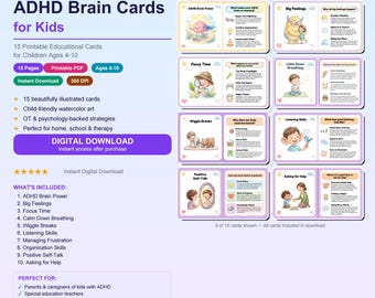 ADHD Brain Cards for Kids – 15 Printable Educational Cards | ADHD Tools for Children | Calm Down, Focus, Feelings & Growth Mindset
