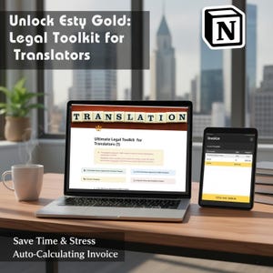 May include: A laptop and tablet displaying legal documents and an invoice, with the text "Unlock Esty Gold: Legal Toolkit for Translators." A coffee cup sits on the wooden desk. The text "Save Time & Stress Auto-Calculating Invoice" is also visible.