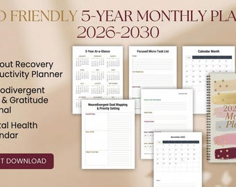 ADHD Friendly 5-Year Monthly Planner 2026-2030 | Burnout Recovery Productivity Planner | Neurodivergent Goal & Gratitude Journal